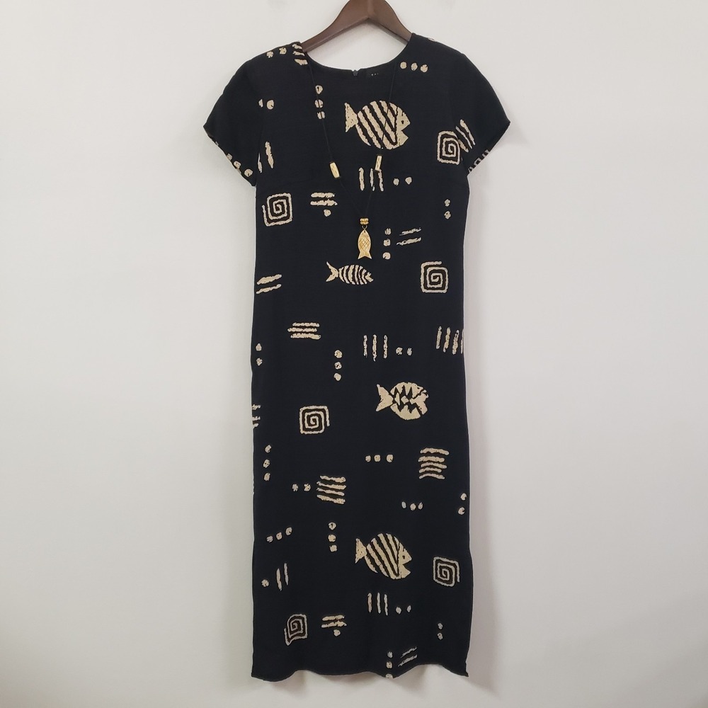 Vintage Teddi Womens 90S Woven Short Sleeve Fish Maxi Dress Size 4 Black Nude